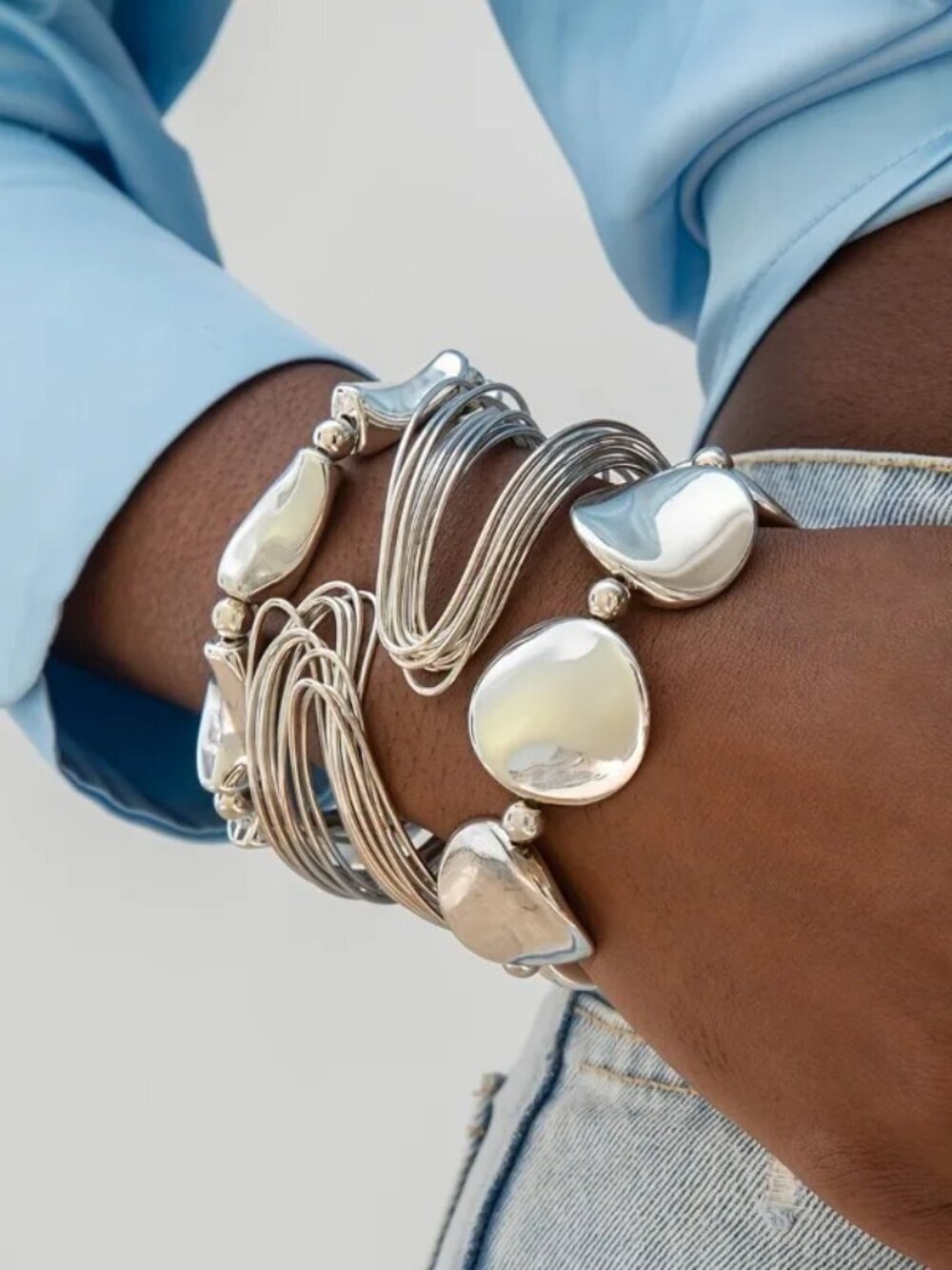 3-Piece Modern Silver Stackable Bracelet Set – Organic & Minimalist